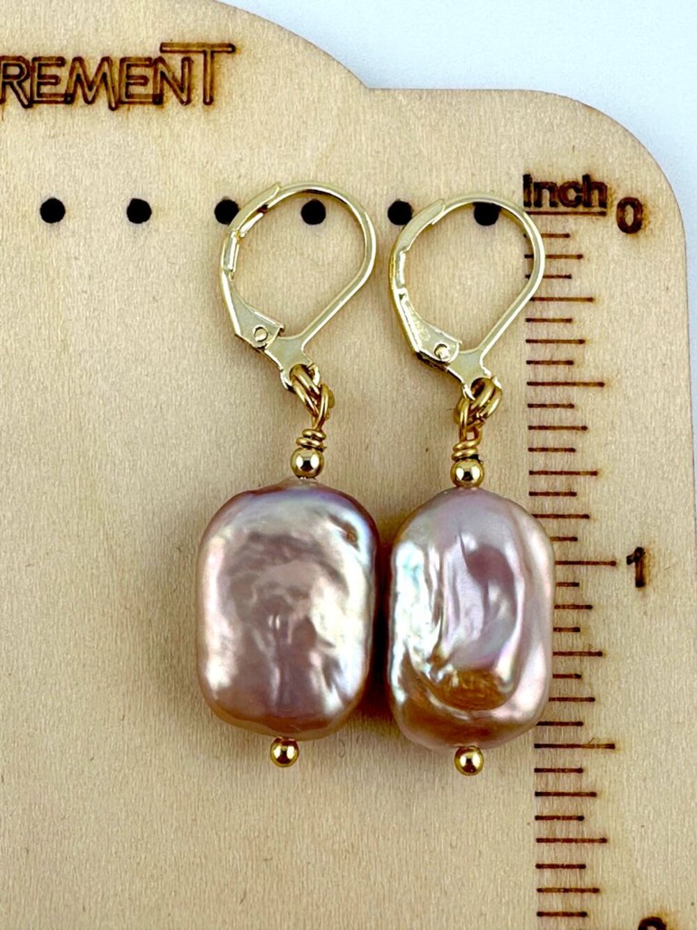 Baroque Pearl Earrings Gold Filled Leverbacks Pink Freshwater Pearl Dangle 18mm - Picture 8 of 10
